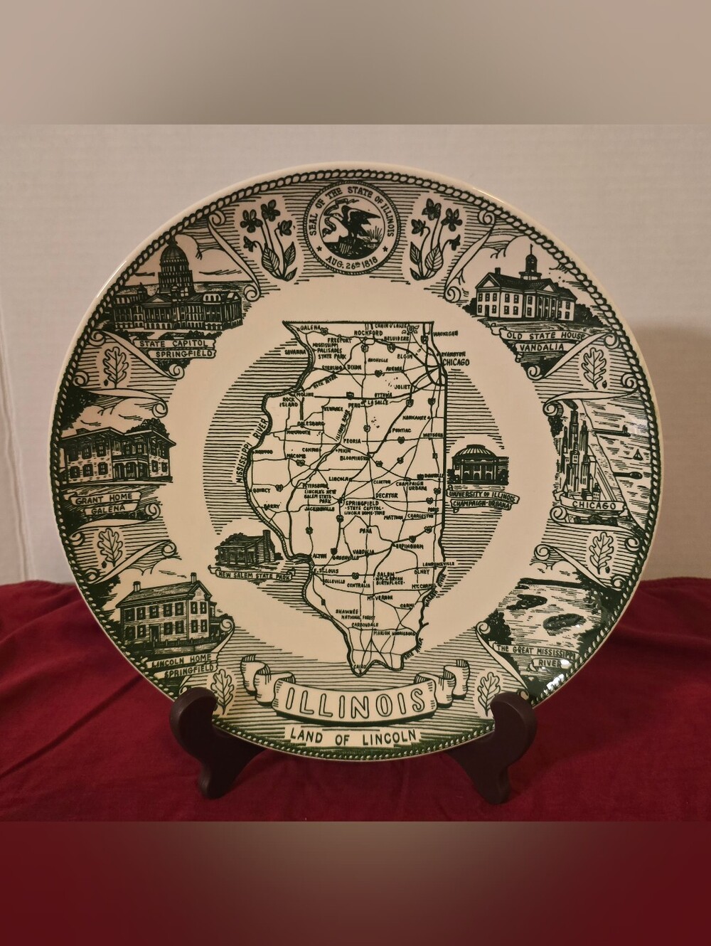 Vintage 1968 Kettlesprings Kilns Illinois Map 10" Souvenir Plate - Pristine Cond